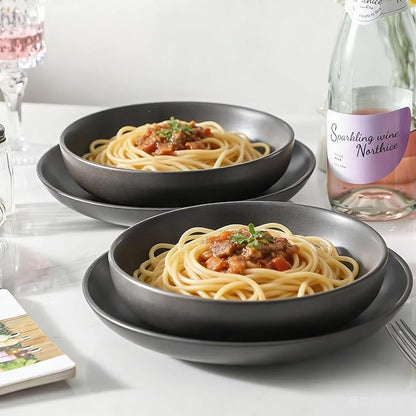 Stoneware Pasta Bowls, 34 oz Large Salad Bowl Set of 4, Ceramic Serving Bowls for Ramen, Pasta, Fruit, Cereal, Dinner, Wide and Shallow Bowls, Microwave & Dishwasher Safe, Matte Black