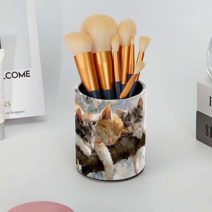 Leather Pen Holder for Desk, Sleeping Cat Pencil Cup Pen Organizer Makeup Brush - Image 6