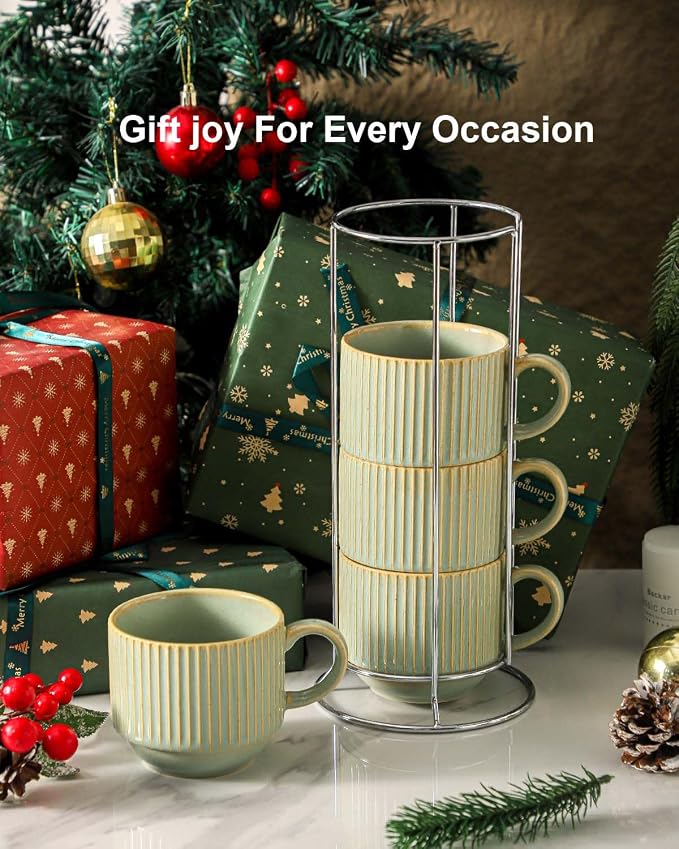 HASENSE Ceramic Coffee Mugs Set of 4 - 15 oz Stackable Large Porcelain Ribbed - Image 5