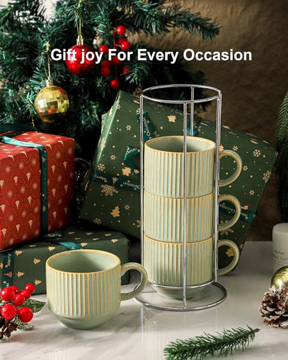 HASENSE Ceramic Coffee Mugs Set of 4 - 15 oz Stackable Large Porcelain Ribbed - Image 5