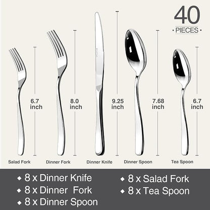 18/10 Silverware Set for 8, 40 Piece Stainless Steel Flatware Set Cutlery | - Image 7