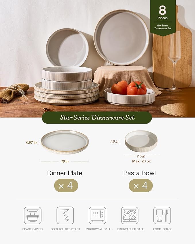 Famiware Star Stoneware Dinnerware Set, Cappuccino White | 7.5" Shallow Pasta - Image 2