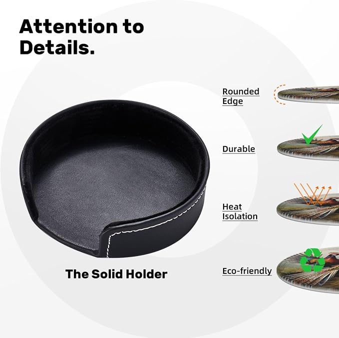 6Pcs PU Leather Coaster for Drinks, Pheasants Animals Cup Coasters - Image 3