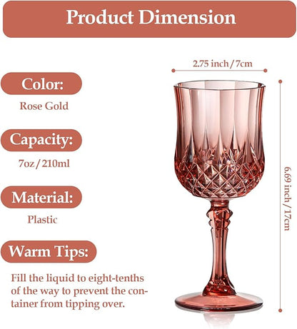 XUWAIDSGN 16 Pcs 7oz Plastic Vintage Wine Glasses Drinking Glasses Unbreakable Wedding Glassware Crystal Water Goblets Reusable Drinkware Vintage Champagne Flutes (16, Rose Gold)