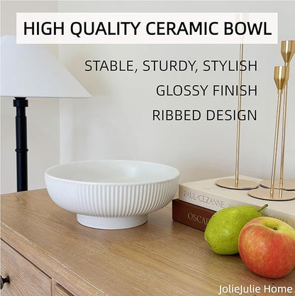 Ceramic Fruit Bowl,10.5" Decorative Bowl, White Fruit Bowl for Kitchen Counter, Purse Bowl, Key Bowl, Kitchen Island Décor, Centerpiece for Dining Table (White)