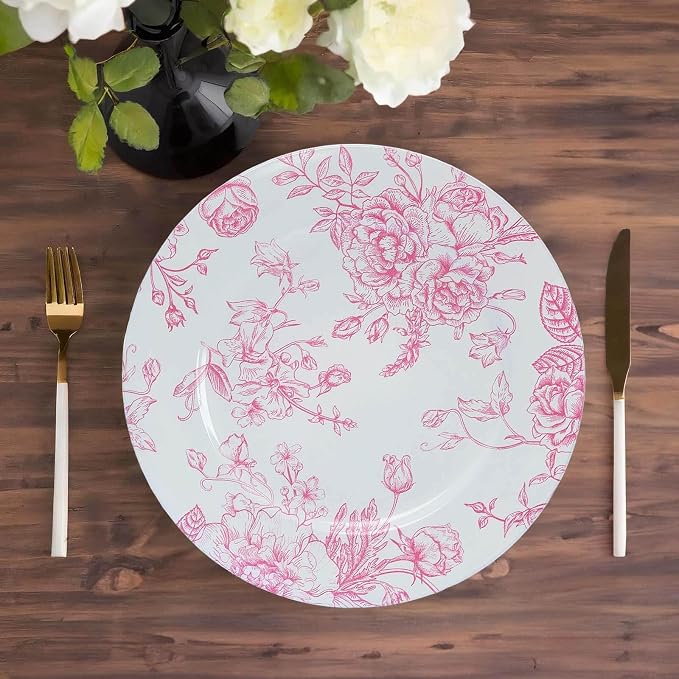 Efavormart 6 Pack White Pink Floral Acrylic Charger Plates in French Toile - Image 4