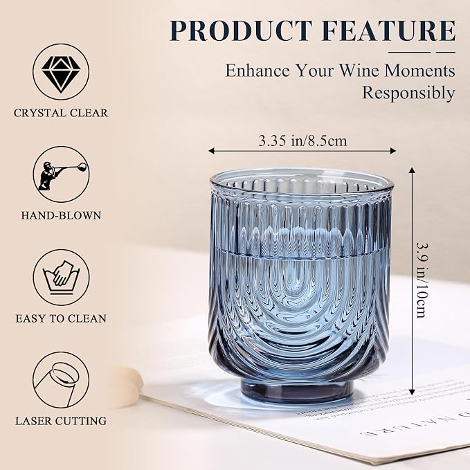 Blue Vintage Drinking Glasses Set of 6-15oz Hand-Blown Highball Ribbed Glassware - Image 3