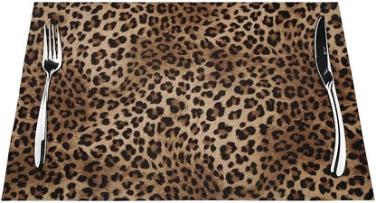 Brown Leopard Placemats Set of 6 Black Cheetah Skin Wild Animal Print Wipeable Table Mats Reusable Washable PVC Rectangle Place Mats for Kitchen Dining Home Decor 12x18 Inches
