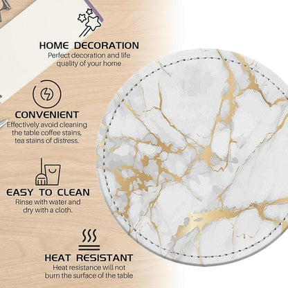 Coasters for Drinks PU Leather,Set of 6 with Holder,Round Housewarming Gift Home Decor,White and Golden Marble