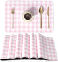 QIYI Placemats Set of 6, 12x18 Inch Faux Leather Place Mats for Kitchen Dinning, Heat Resistant Anti Slip Grid Table Mats, Waterproof Wipeable Washable Placemat Party Table Décor, Pink Gingham Check