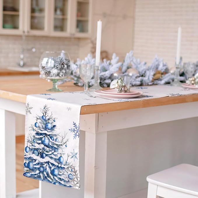 Winter Trees Ball Table Runner Frosty Roses Burlap Table Runners, Christmas - Image 5
