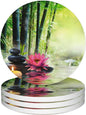 Zen Bamboo Round 4" Cup Coasters Set of 4, Absorbent Ceramic Stone Coasters with Cork Base, Ideal Home Decor Gifts