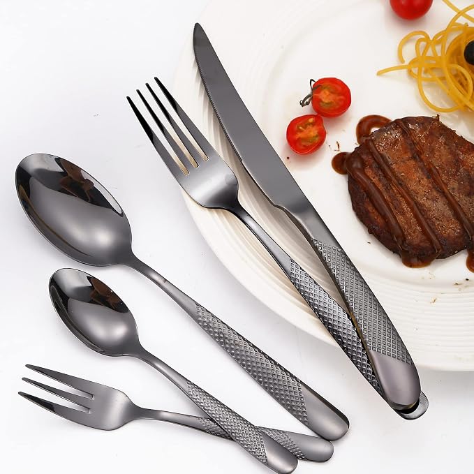 A·HOUSEWARE Black Silverware Hammered Flatware Kichen Stainless Steel Cutlery - Image 7