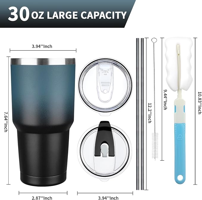 30 oz Tumbler with Lids and Straws, Stainless Steel Insulated Coffee Tumbler - Image 2