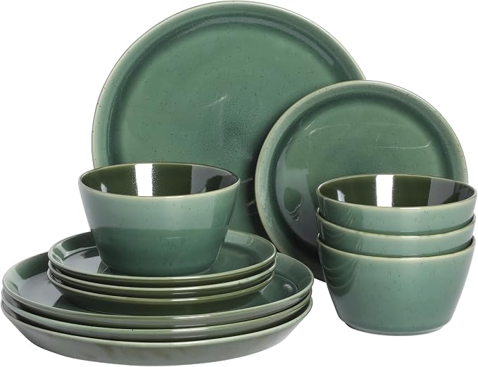 Gibson Elite 12 Piece Fern Canyon Plates and Bowls Reactive Glaze Modern Coupe by GibsonHomewares