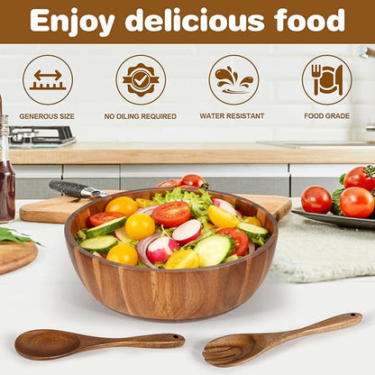 Wooden Salad Bowl Set 11.8 Inch – Acacia Large Wood Salad Bowl with Wooden Serving Utensils, Big Salad Bowls for Fruits, Food Serving & Hosting Family Gatherings