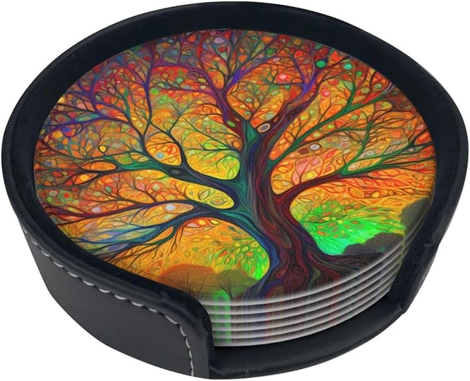 Tree of Life Colorful Leaves Leather Coasters Set of 6 by Nameapo