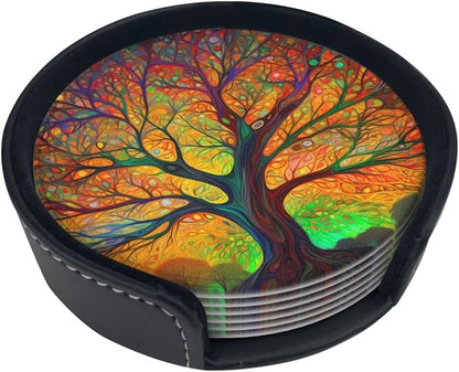 Tree of Life Colorful Leaves Leather Coasters Set of 6 by Nameapo