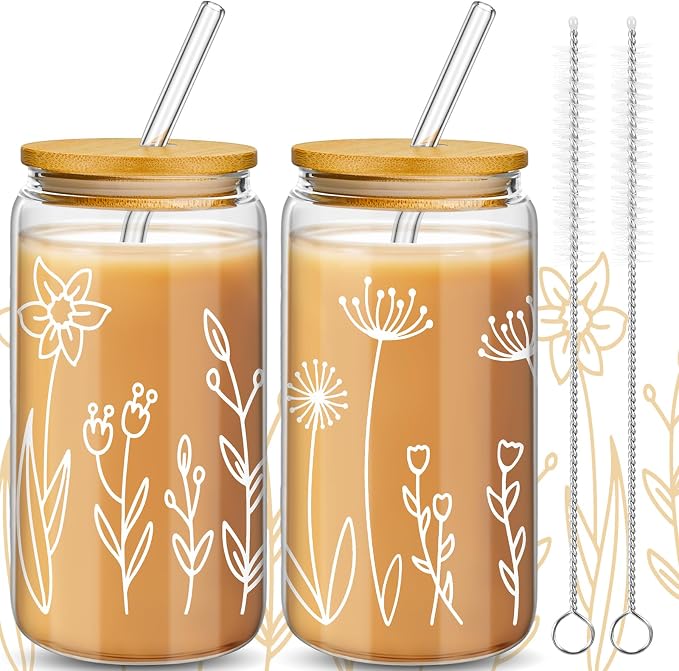 Mumufy 2 Pack Glass Cups Gift Aesthetic Cute Glass Cup Tumbler Flower Iced by Mumufy