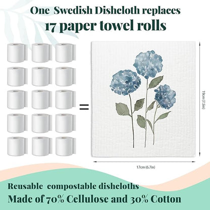 Spring Floral Swedish Dishcloths for Kitchen, Swedish Dish Cleaning Cloths for Flowers, Papaya Reusable Paper Towels, 4 Pack Dish Towels for Kitchen, Reusable Paper Dishcloths Washable