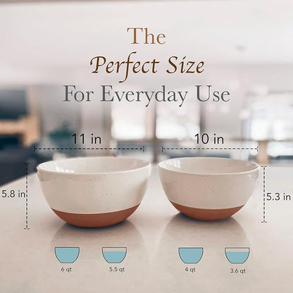 Mora Ceramic Large Mixing Bowls - Set of 2 Nesting Bowls for Cooking, Serving, Popcorn, Salad etc - Microwavable Kitchen Stoneware, Oven, Microwave and Dishwasher Safe - Extra Big 5.5 & 3.6 Qt - White