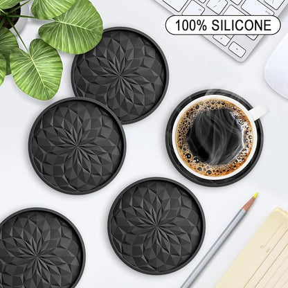 ME.FAN Silicone Coasters with Holder,[6 Pack] Drinking Coasters - Cup Mat for Hot or Cold Drinks, Thickened, Non-Slip, Non-Stick,Deep Tray Black