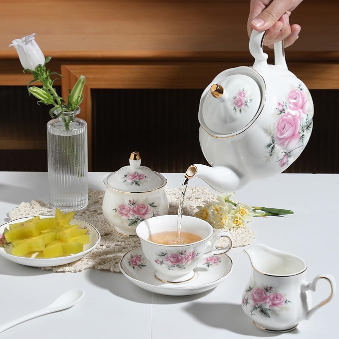 Sweejar Porcelain Tea Set Vintage Floral, British Relief Gold Rim Teapot Cup - Image 4