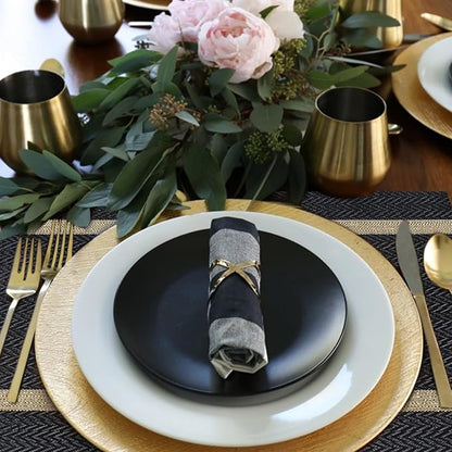 FAVE Placemats Set of 12 Black Placemats Woven with Golden Thread Vinyl Placemat for Wedding, Banquet, Birthday, Party, Restaurant Decorations(Black, 12"x18"-12PCS)