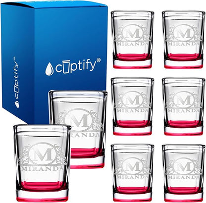 Personalized Square Shot Glasses Set of 8 Red Bottom 2oz Engraved Initial and Name Custom Gifts, Weddings, Birthdays, Party, Event, Decorations