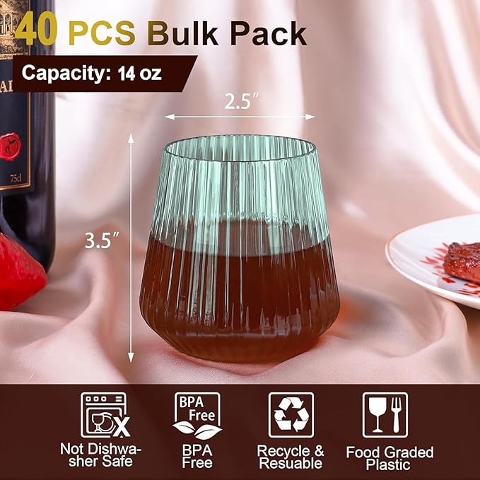 40 Pack Plastic Ribbed Wine Glasses, 14Oz Origami Disposable Wine Glasses Unbreakable Clear Plastic Cocktail Glasses Recyclable Shatterproof Reusable Wine Cups (14oz-green-40pack)
