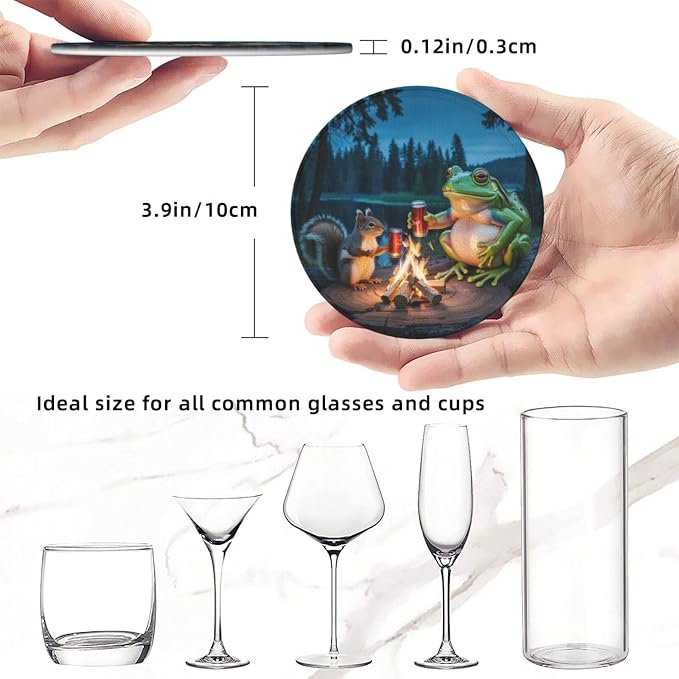 Happy Camper Frog Coasters for Drinks Set of 6, Round Leather Coaster - Image 4