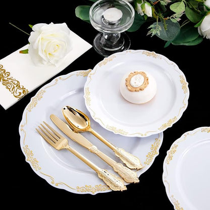 LIYH 350 Pcs Gold Plastic Dinnerware Set, 10 oz Cups - Image 3