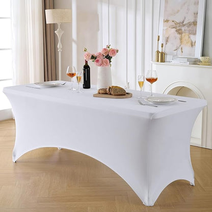 VidaFete Spandex Tablecloth 2 Pack 8FT, Fitted Stretch Table Cover for Rectangle Tables, Wrinkle Resistant and Washable Tablecloths for Outdoor, Picnic, Party, Wedding, Banquet, Birthday, White