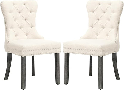 KCC Boucle Dining Chairs Set of 2, Upholstered High-end Tufted Dining Room Chair with Nailhead Back Ring Pull Trim Solid Wood Legs, Contemporary Nikki Collection Modern Style for Kitchen, Cream