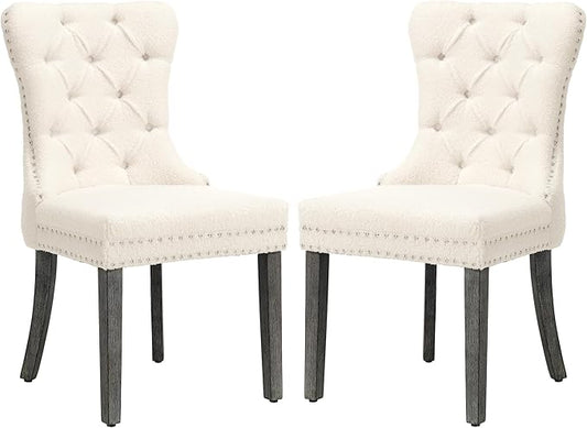 KCC Boucle Dining Chairs Set of 2, Upholstered High-end Tufted Dining Room Chair with Nailhead Back Ring Pull Trim Solid Wood Legs, Contemporary Nikki Collection Modern Style for Kitchen, Cream