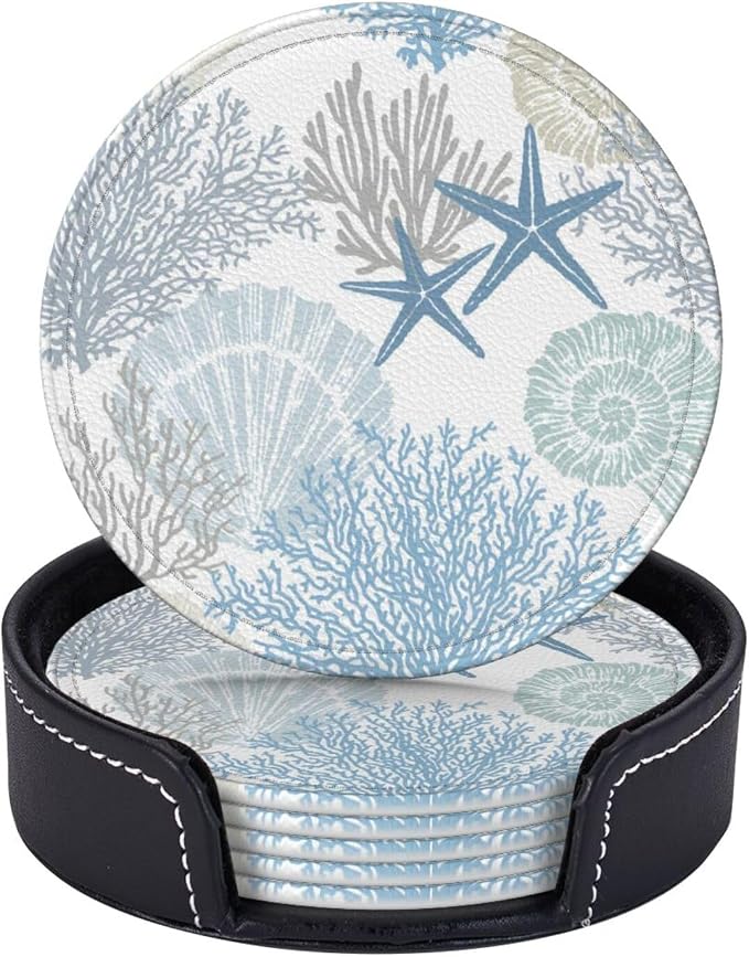 6 Pcs Sea Life Coral Starfish Print Blue Plant Leather Coasters by CAPVKING