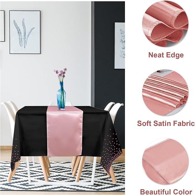 24Pack Disposable Plastic Tablecloth and Satin Table Runner Black and Rose Gold - Image 3