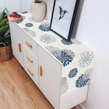 Blue Gray Table Runner Dahlia Pinnata Flower Beige Table Runners Modern Elegant - Image 2