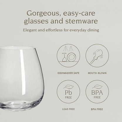 over&back 16oz Traditional Glassware - Set of 4 Classic Stemless Drinking Glasses for Parties, Get-togethers, and More - Mouth-Blown - Wine Cups for Kitchen and Dining Room - Clear