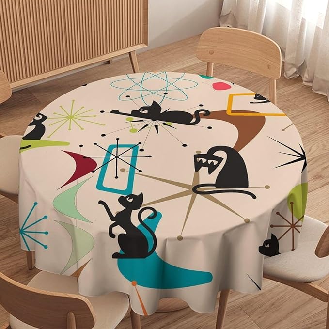 Mid Century Black Cat Round Tablecloth, Bohemian Modern Colorful Abstract Geometric Retro Art Bohemian Tablecloth for Home Party Dining Room Kitchen Decor 50Inch(127cm)