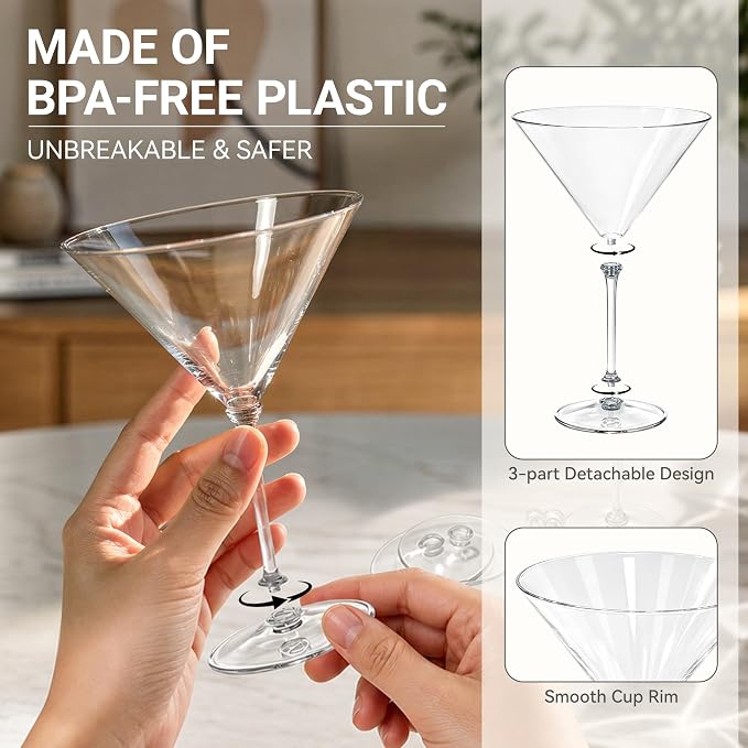 Plastic Martini Glasses Set of 12, 9 oz Clear Cocktail Cups | Unbreakable - Image 4
