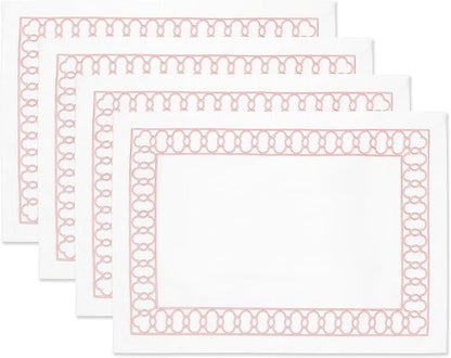 Hofdeco Premium Coastal Patio Indoor Outdoor Placemat Set of 4, 14"x19" Double-Layered, Waterproof Cloth Placemat for Kitchen or Dining Table. Blush Pink Embroidered Frame