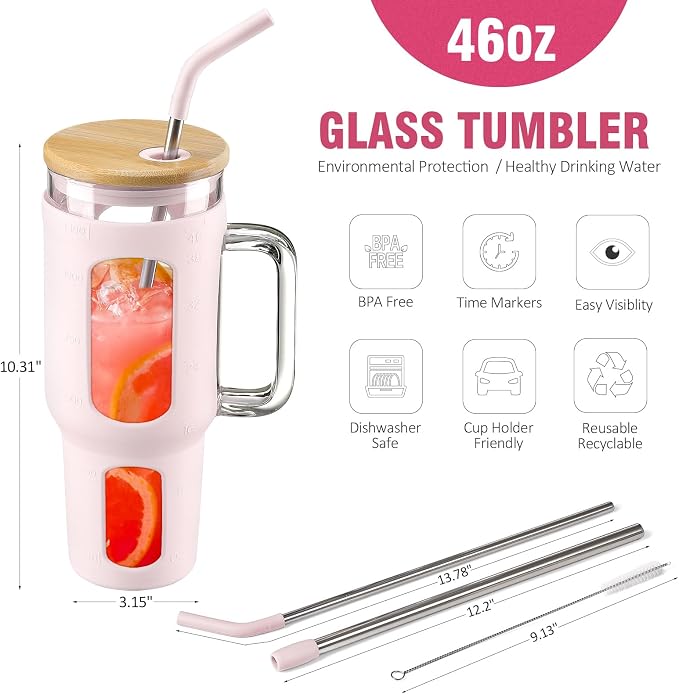 WINSA Glass Tumbler with Lid and Straw, 46 oz, Cotton Pink | Iced Coffee Cup - Image 4