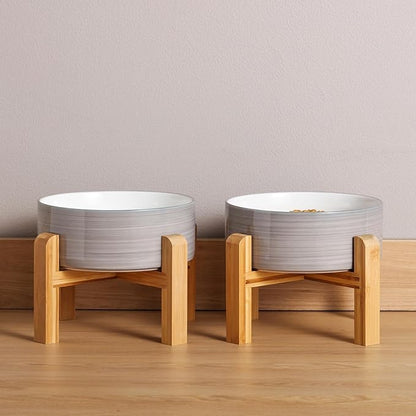 Elevated/Raised Dog Bowl Ceramic with Wood Stand for Small Medium Breed,Dog Food Water Dish Heavy, 6 in Non Slip Modern Cute Porcelain Pet Bowl Grey White