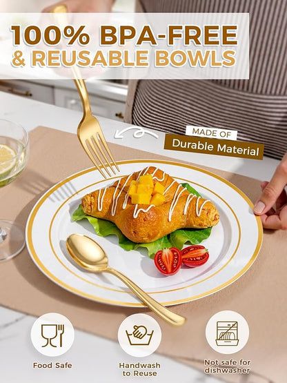 WDF 120 pieces Gold Disposable Plastic Plates - White and Gold Plates Include 10.25" Dinner Plate & 7.5" Salad Plate for Weddings/Party/Valentine's Day