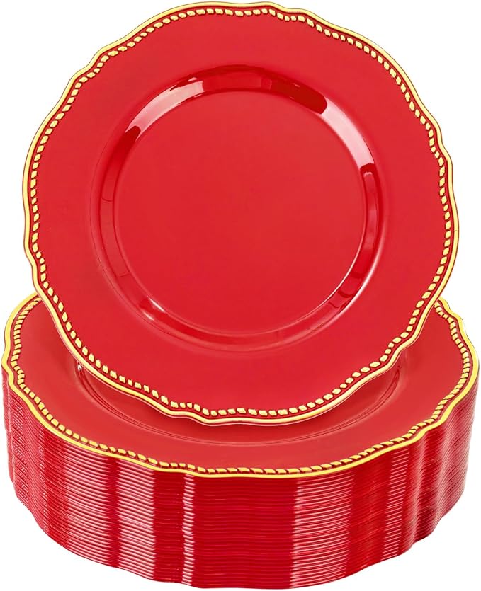 60 Pcs Red Gold Dessert Plates for Christmas | 7.5 inch Heavy-duty Disposable by Hioasis