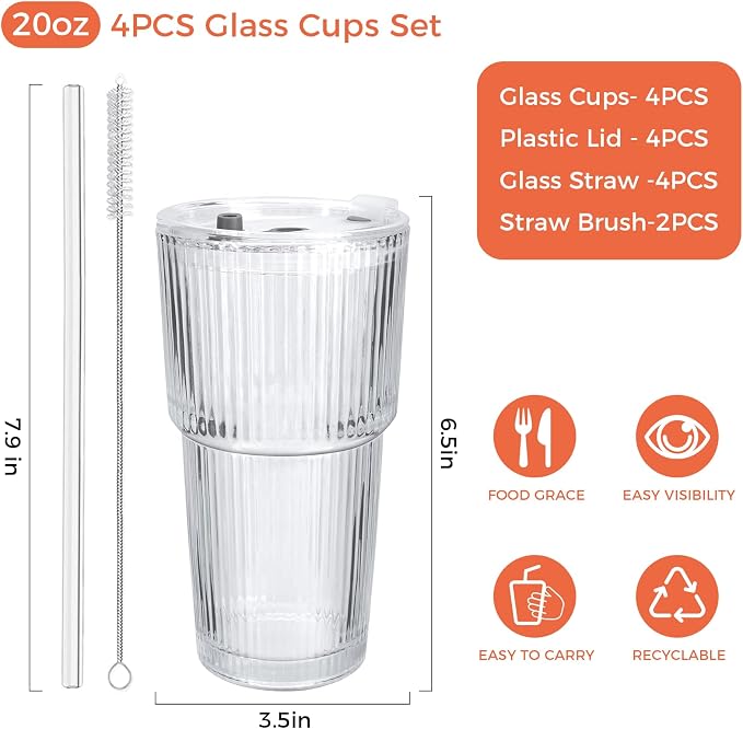 4PCS 20oz Glass Cups with Lids and Straws, Iced Coffee Cups with Lids, Stylish - Image 3