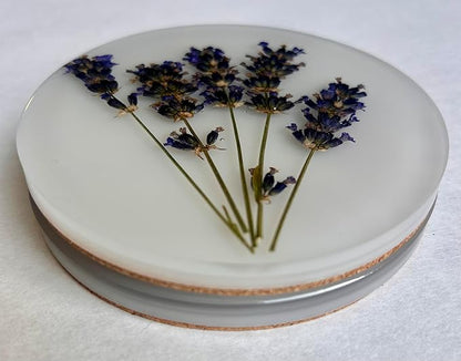 Handcrafted Pressed Lavender Resin Coasters White with Cork Base, Decorative Table Protection (4, Round)