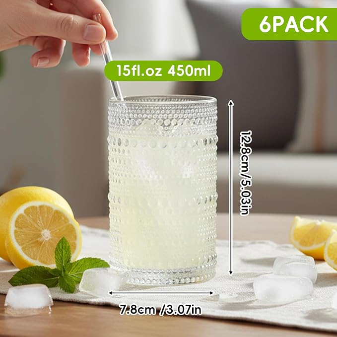 Moretoes Large 15oz Hobnail Drinking Glasses Set of 6 | Glass Cups, Kitchen - Image 2
