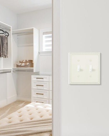 2-Pack Double Toggle Light Switch Cover Plate, Pearls Decorative Dual Switch Plate Covers, Light Almond 2 Gang Metal Wall Plate, Corrosion Resistant
